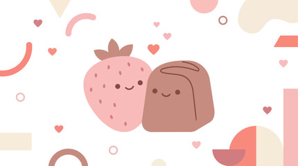 Cute Strawberry and Chocolate Characters in Romantic Valentine Flat Illustration
