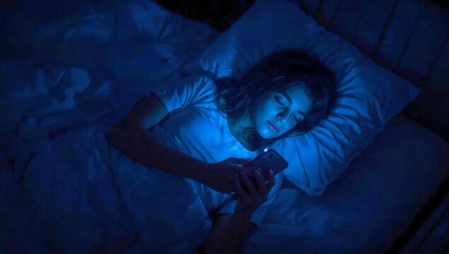 A person lying in bed late in the day, illuminated by the harsh blue light of their phone while scrolling aimlessly. Captures digital paralysis and procrastination.
