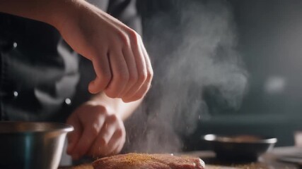 Cinematic food cooking scene, chef hands seasoning meat in slow motion, spices falling grace - Powered by Adobe