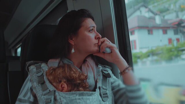 Mother seated on train with baby asleep on her chest gazing out window in thoughtful calm mood creating tender moment of stillness gentle presence and reflective travel atmosphere
