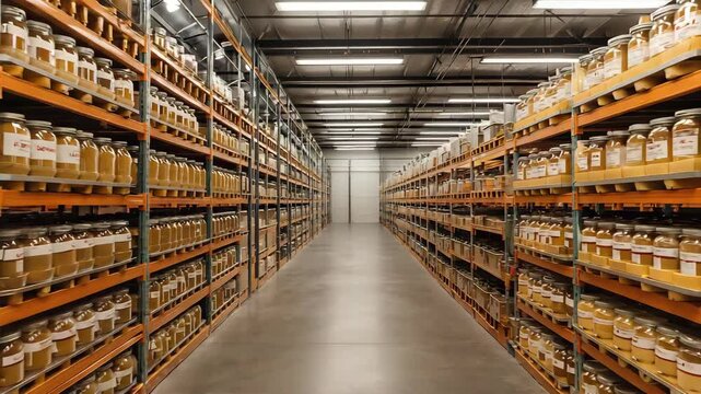 Warehouse storage aisle with tall metal shelving racks filled with glass jars containing yellow powder or spices, industrial interior