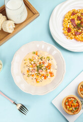 Healthy Meal Prep with Corn, Vegetables and Milk - Flatlay Food Photography