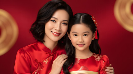 Asian woman and girl smiling in traditional red clothing on red background  