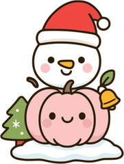 Cute kawaii style pumpkin and Christmas snowman design element artwork 
