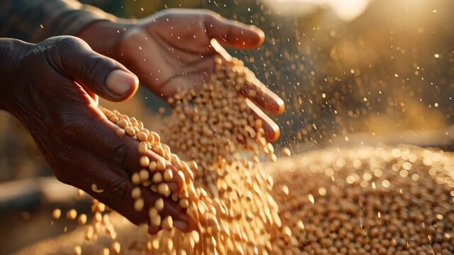 Handscattering grains of millet in warm sunset light capturing detailed motion and texture