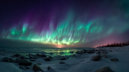 Naklejka premium A breathtaking night scene of the aurora borealis dancing across a starry sky over a snowy shoreline. Green, purple, and pink hues blend