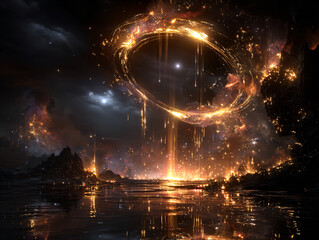 a celestial scene with a dark, spherical object surrounded by glowing rings and streaks of light, set against a backdrop of a starry night sky with scattered stars and cosmic dust. 