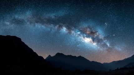 A breathtaking night scene reveals the majestic Milky Way arc over silhouettes of mountain ranges. A celestial display of stars