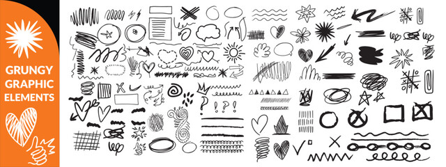 Vector set of grungy graphic elements. Street art texture hand drawn pencil underlines and strikethrough, scribble emphasis lines, crazy hatches, ovals and crosses. Each element is united and big set 