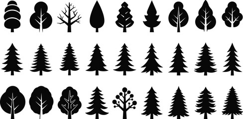 Black silhouette tree icon set with diverse shapes and styles for nature, environment, and graphic design themes.