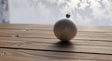 Cracked white Christmas ball ornament on a wooden surface 
