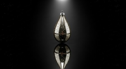 Elegant silver teardrop ornament reflecting light on a dark background 
