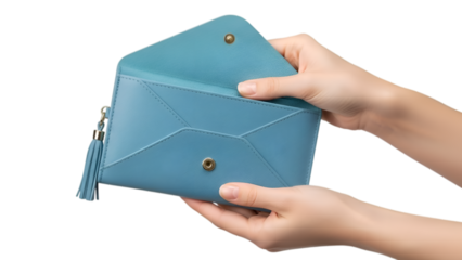 Woman's Hands Opening a Stylish Light Blue Wallet with Tassel Charm