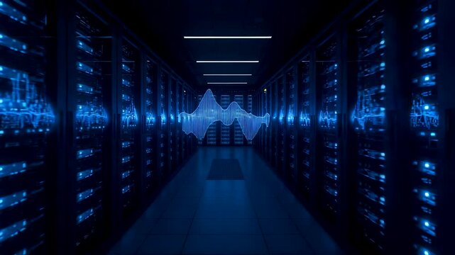 Dark Data Center Interior with Rows of Illuminated Server Racks Blue Lighting and Network Cables