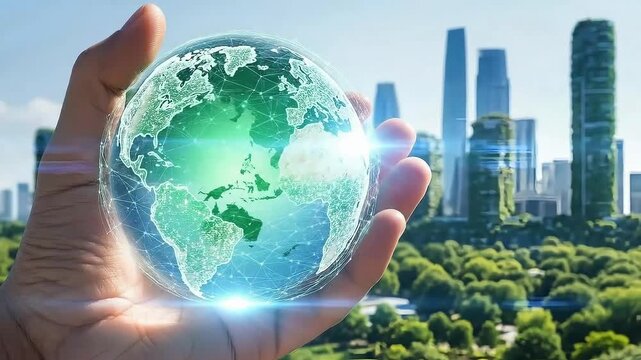 Human hand gently holding a glowing digital earth sphere symbolizing global sustainability and a green future city skyline background