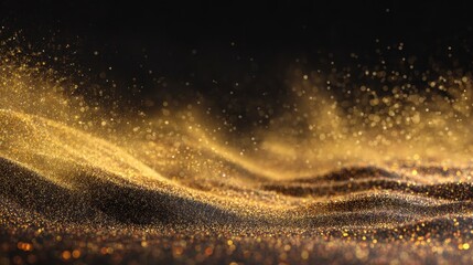A captivating abstract scene features shimmering golden particles undulating against a dark backdrop. The texture appears soft and flowing