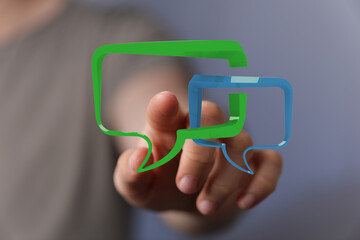 An abstract, modern digital communication concept with floating speech bubbles near finger. Represents online m