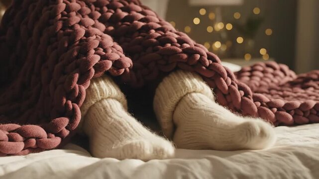Person's feet in warm knitted socks relaxing under a cozy chunky blanket. Wiggling toes in a comfortable bed during a cold winter evening. Hygge and holiday comfort concept