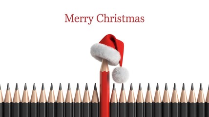 Christmas pencil decoration with santa hat on white background
