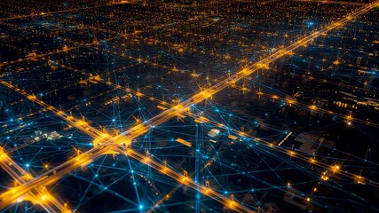 Digital Network Grid Cityscape with Glowing Connections Data Flow Lines and Neural Nodes Over Blue Background - Powered by Adobe
