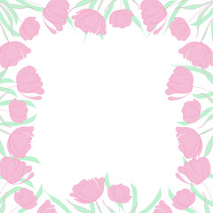 Floral frame with soft pink tulip flowers and green leaves. Perfect for spring and floral designs. Tulips background 