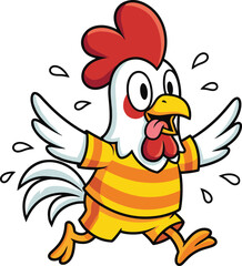 Cartoon chicken running in panic, striped outfit, sweat droplets, humorous scared expression, dynamic pose, flat vector illustration