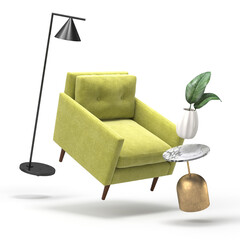 Zero gravity white interior living room 3 D Illustration