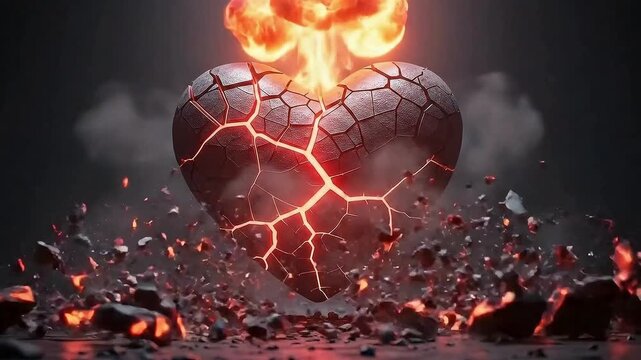 Intense visual representation of a shattered stone heart glowing with internal fiery magma and exploding into dark fragments against a somber background
