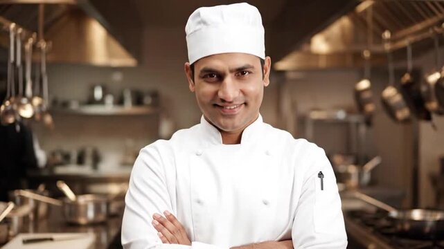 Smiling Male Chef Posing Confidently in Professional Restaurant Kitchen