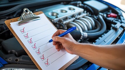 Vehicle inspection checklist with mechanic checking engine condition

