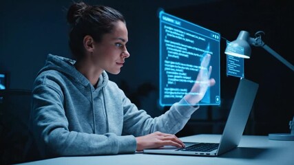 Young woman coding on laptop, interacting with holographic screens, futuristic technology - Powered by Adobe