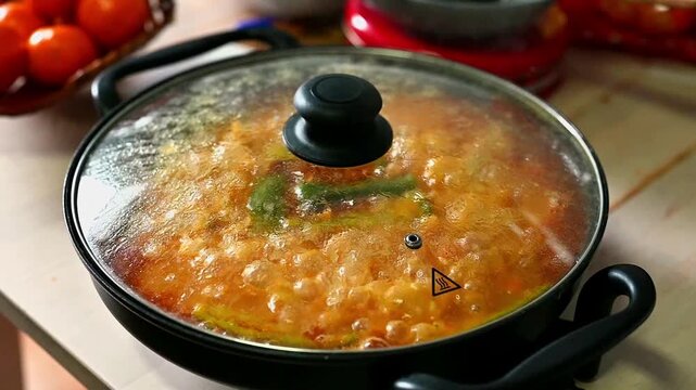 Bubbling paella with rice broth while cooking on the kitchen table, easy homemade rice recipes, Valencian paellas and soupy rice with chicken and vegetables