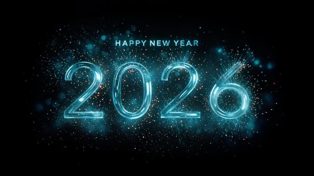 Happy New Year 2026 3D animation, beautiful glass digits with elegant stroke animation explode with glowing particles and smoke, reveal from black background one by one, blue and orange sparks.