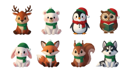 Collection of cartoon forest animals wearing hats isolated on transparent background
