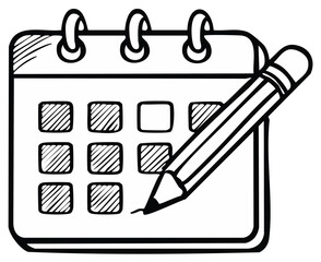 Hand drawn calendar icon with a pencil marking a date for scheduling appointments and events