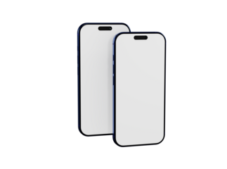Two cell phones with blank screens isolated on white background. Perfect for app design or UI display. Modern an