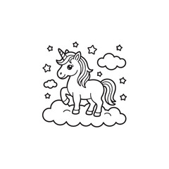 Obraz premium a charming illustration depicts a whimsical unicorn standing on a cloud surrounded by sparkling stars and fluffy clouds