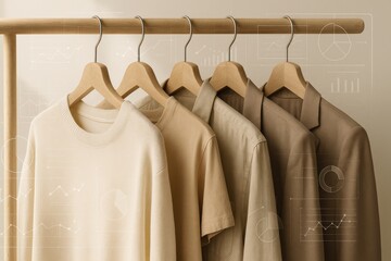 A Stylish Display of Neutral-toned Clothing on Wooden Hangers with Data Visualization Elements in the Background