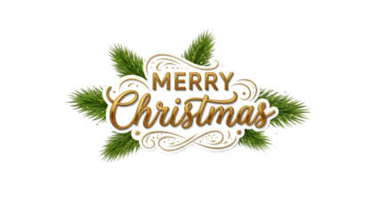 Merry christmas typography with green leaves decoration isolated on transparent background
