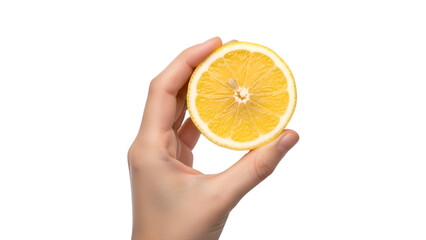 Hand holding a half lemon slice on black background