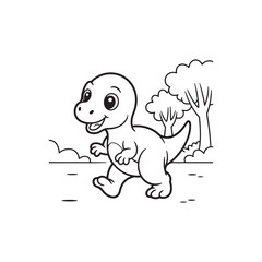 Obraz premium A charming cartoon illustration depicts a happy baby dinosaur walking playfully amongst simple trees and grassy terrain