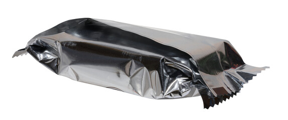 Crumpled silver foil packaging with torn edges, isolated background