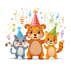 Fototapeta premium Cute Animal Birthday Party Illustration — Happy Forest Animals with Balloons, Confetti, and Hats, Flat Cartoon Vector Collection