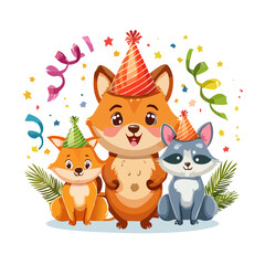 Fototapeta premium Cute Animal Birthday Party Illustration — Happy Forest Animals with Balloons, Confetti, and Hats, Flat Cartoon Vector Collection