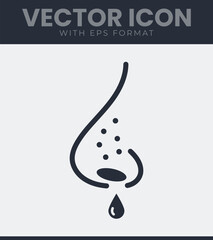 Human nose minimalist filled icon, runny, allergy, health, drop, fluid, mucus, sneeze, sniffle, illness, body, breathing, respiratory, solid vector symbol illustration