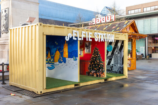 Newcastle upon Tyne UK: 17th Nov 2025: Newcastle's Christmas Village in Old Eldon Square, Elfie selfie Station stands