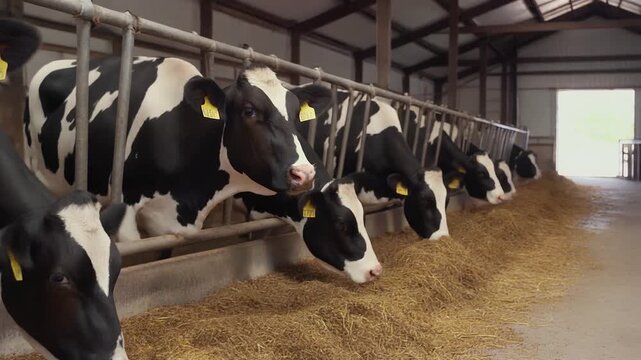 Cows Eating Hay in a Barn at Dairy Farm
