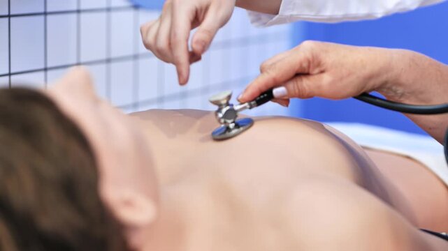 Medical student learning auscultation using a stethoscope on a training mannequin