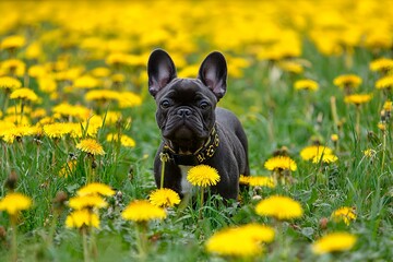 Boston Terrier in a field full of yellow flowers