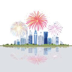 City Fireworks Skyline Illustration &mdash; Modern Urban Skylines with Colorful Fireworks Reflections, Flat Vector Collection